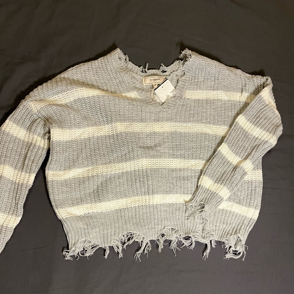 New with tags grey and white stripped grungy v neck sweater